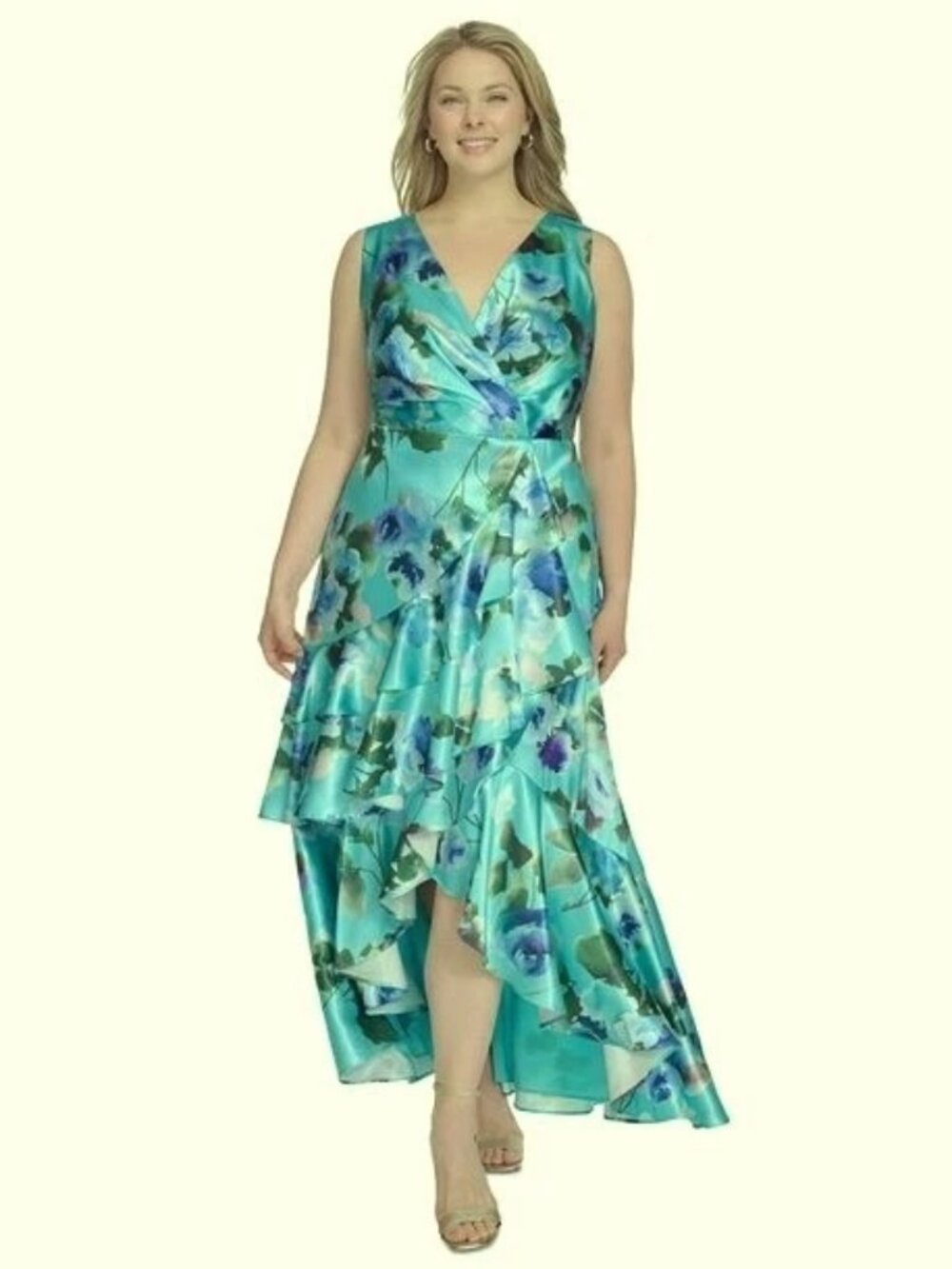 Eliza J Navy Aqua Blue Floral Print Satin Ruffle Hi Low Gown